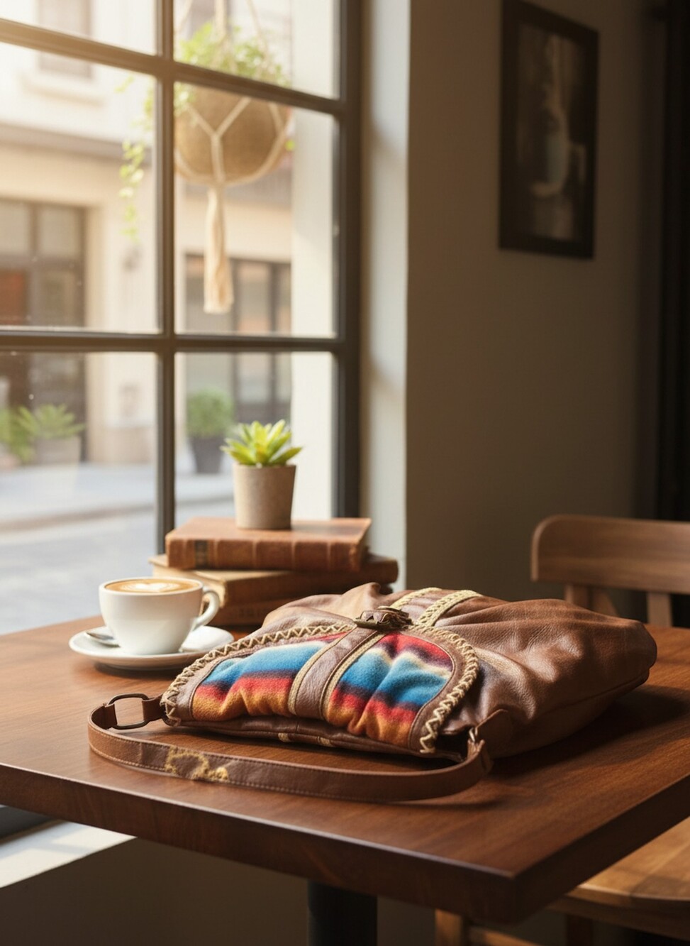 Source Unknown Brown Hobo Bag with Shoulder Strap and Multicolor Flap